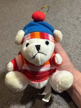 Flying Tiger Copenhagen White Plush Bear Christmas Ornament in Striped Sweater